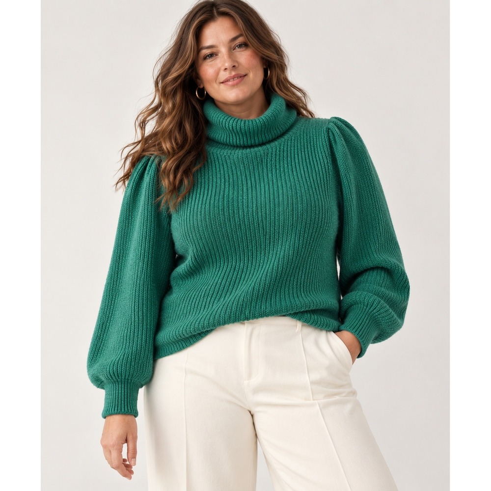 J.Crew Turtleneck Sweater Women XL Green Ribbed Puff Sleeve Merino Alpaca Preppy